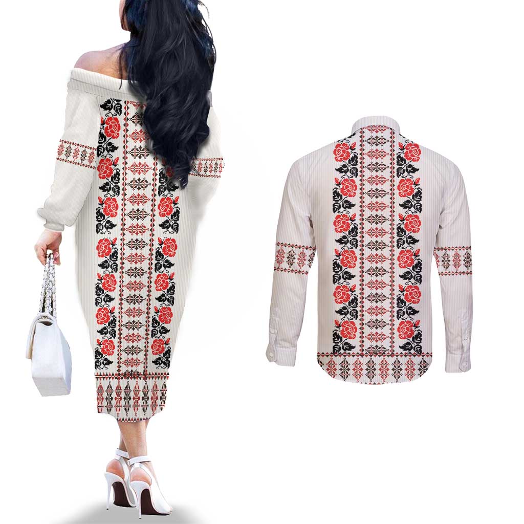 Romanian Traditional Pattern with Martenitsa Couples Matching Off The Shoulder Long Sleeve Dress and Long Sleeve Button Shirt Happy Martisor Day 1 March