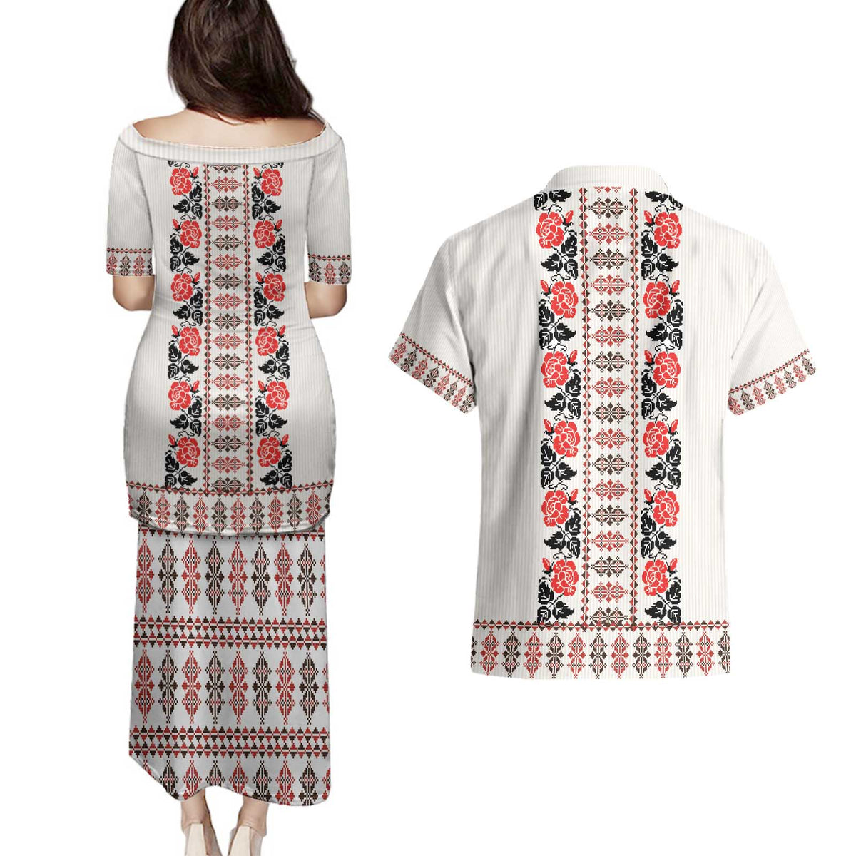 Romanian Traditional Pattern with Martenitsa Couples Matching Puletasi and Hawaiian Shirt Happy Martisor Day 1 March