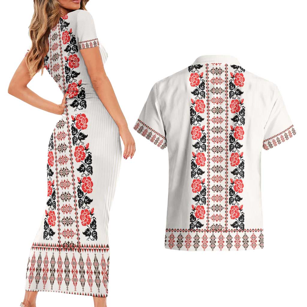 Romanian Traditional Pattern with Martenitsa Couples Matching Short Sleeve Bodycon Dress and Hawaiian Shirt Happy Martisor Day 1 March