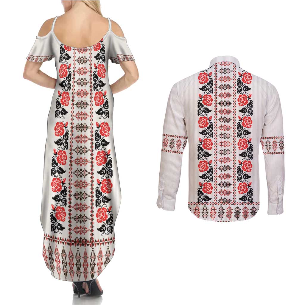 Romanian Traditional Pattern with Martenitsa Couples Matching Summer Maxi Dress and Long Sleeve Button Shirt Happy Martisor Day 1 March