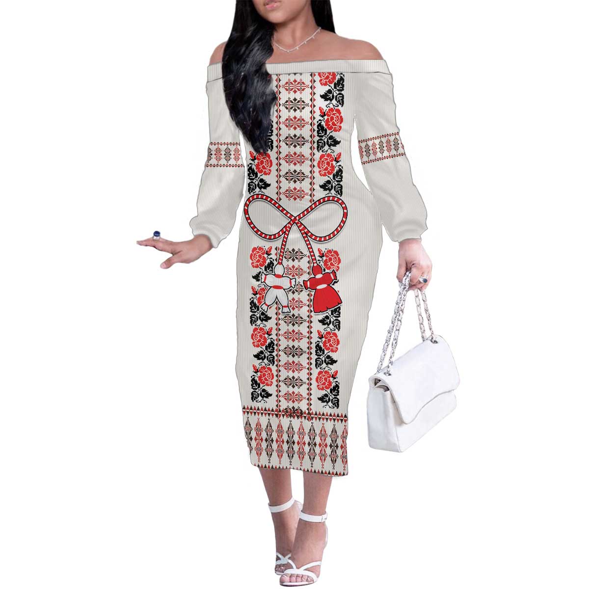 Romanian Traditional Pattern with Martenitsa Family Matching Off The Shoulder Long Sleeve Dress and Hawaiian Shirt Happy Martisor Day 1 March