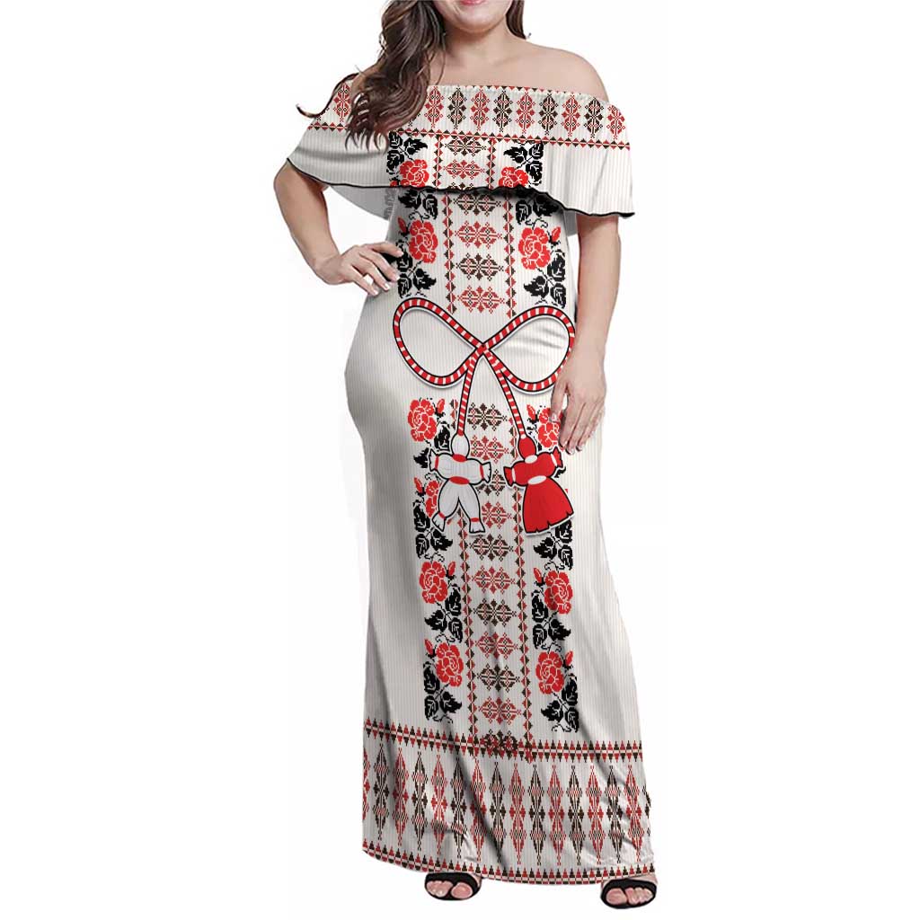 Romanian Traditional Pattern with Martenitsa Family Matching Off Shoulder Maxi Dress and Hawaiian Shirt Happy Martisor Day 1 March