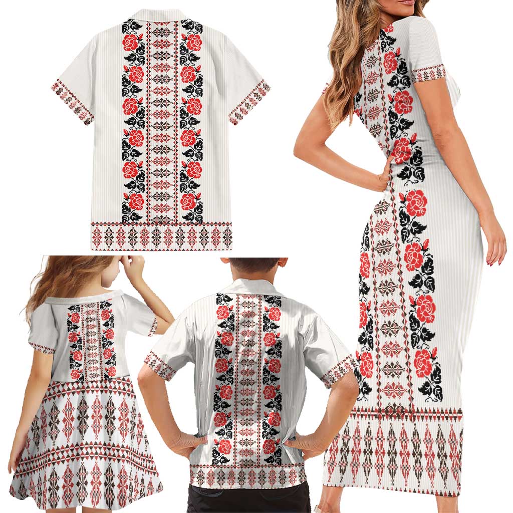 Romanian Traditional Pattern with Martenitsa Family Matching Short Sleeve Bodycon Dress and Hawaiian Shirt Happy Martisor Day 1 March