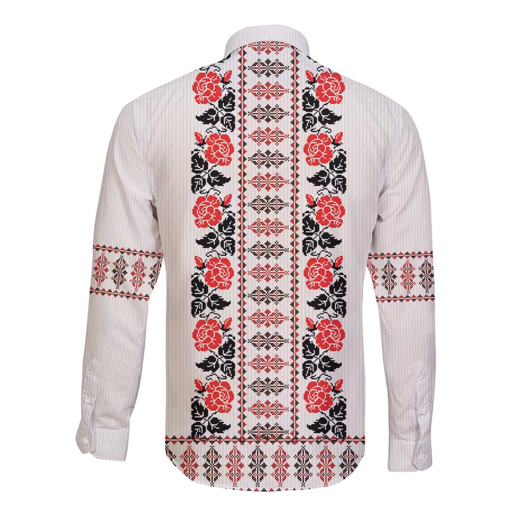 Romanian Traditional Pattern with Martenitsa Long Sleeve Button Shirt Happy Martisor Day 1 March