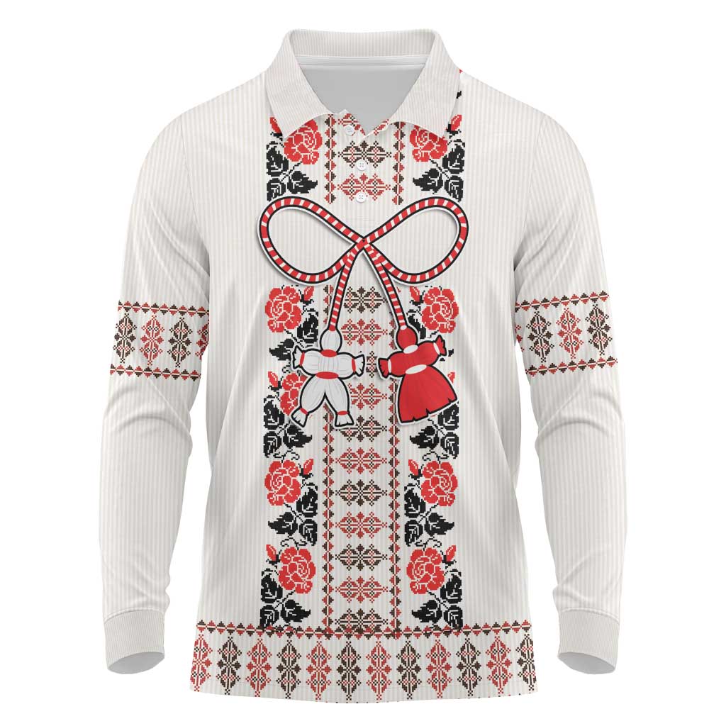 Romanian Traditional Pattern with Martenitsa Long Sleeve Polo Shirt Happy Martisor Day 1 March