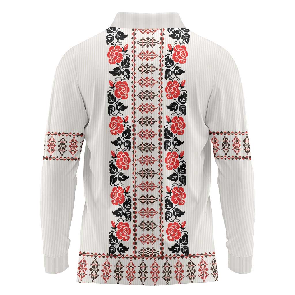 Romanian Traditional Pattern with Martenitsa Long Sleeve Polo Shirt Happy Martisor Day 1 March