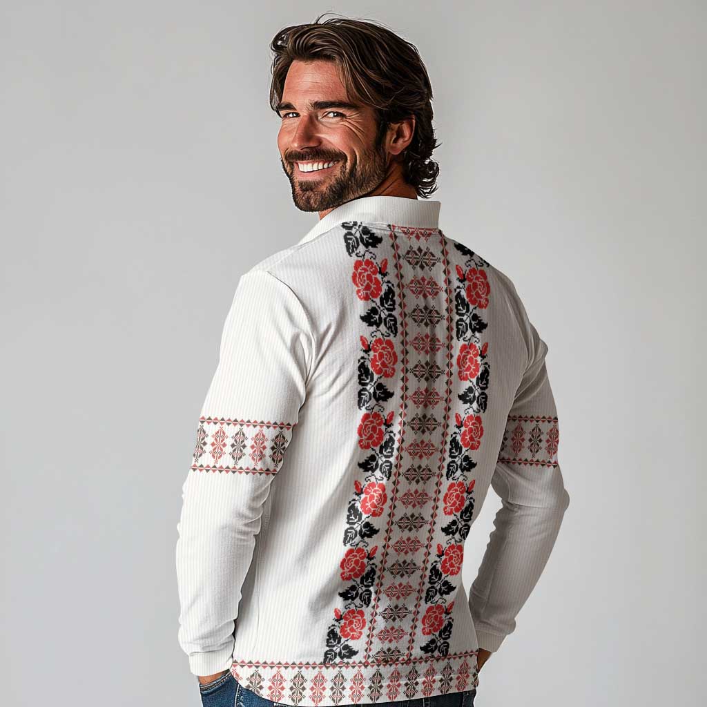Romanian Traditional Pattern with Martenitsa Long Sleeve Polo Shirt Happy Martisor Day 1 March