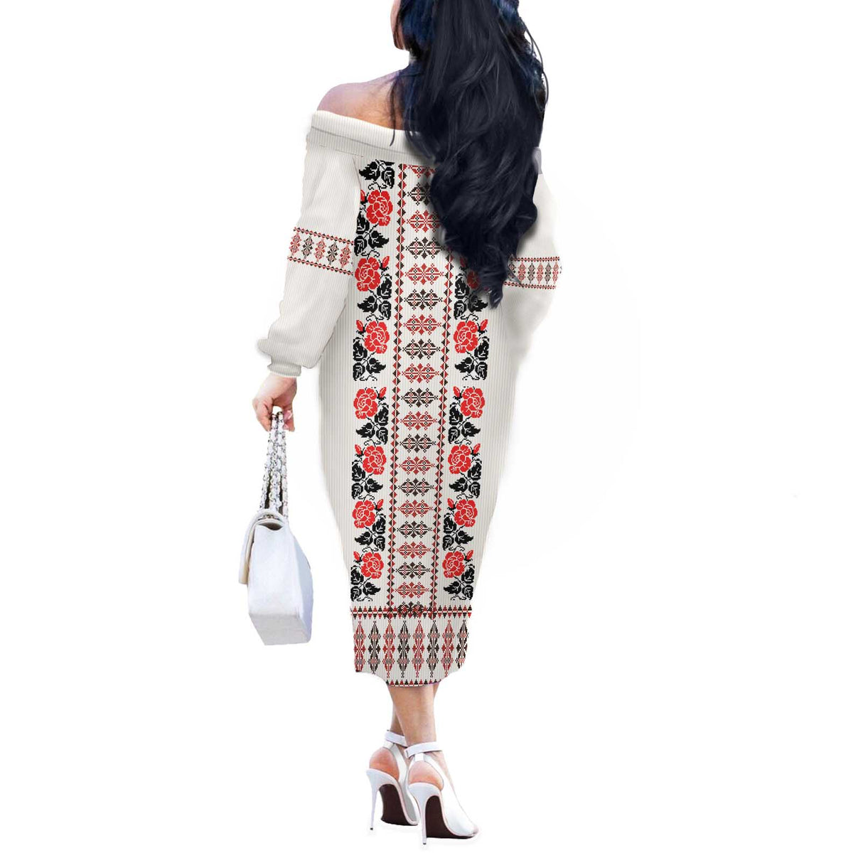 Romanian Traditional Pattern with Martenitsa Off The Shoulder Long Sleeve Dress Happy Martisor Day 1 March