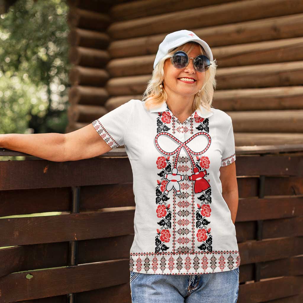 Romanian Traditional Pattern with Martenitsa Women Polo Shirt Happy Martisor Day 1 March