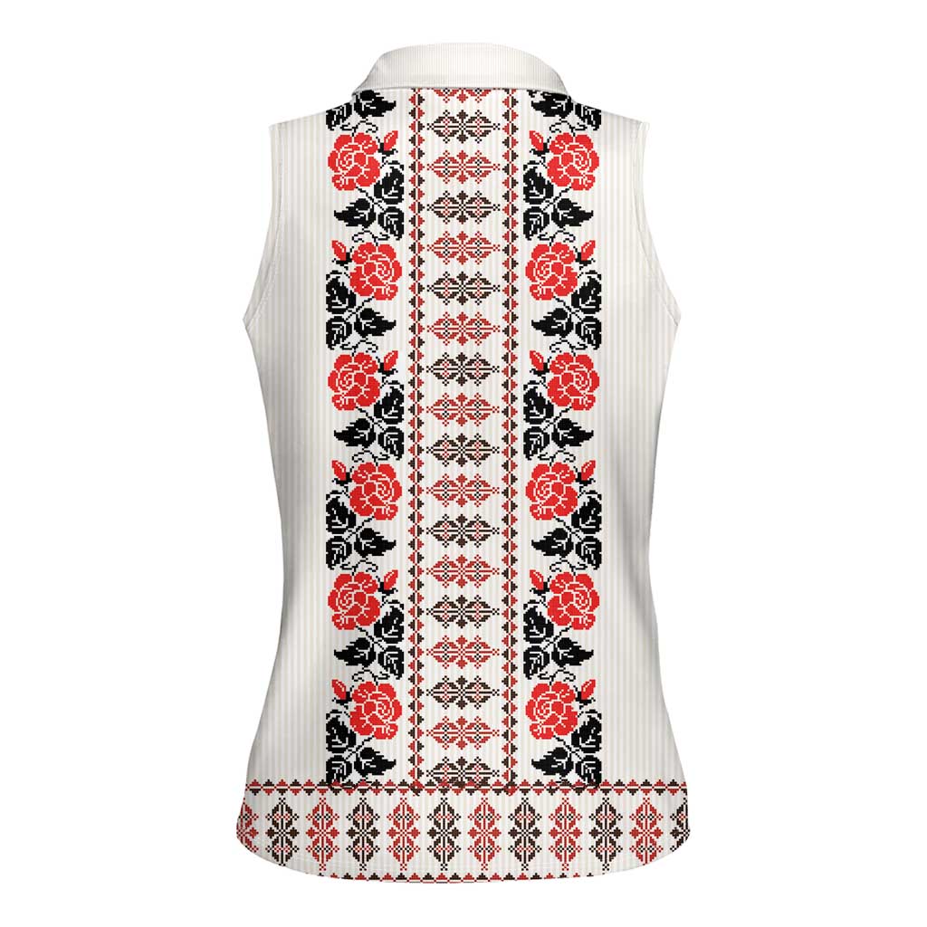 Romanian Traditional Pattern with Martenitsa Women Sleeveless Polo Shirt Happy Martisor Day 1 March