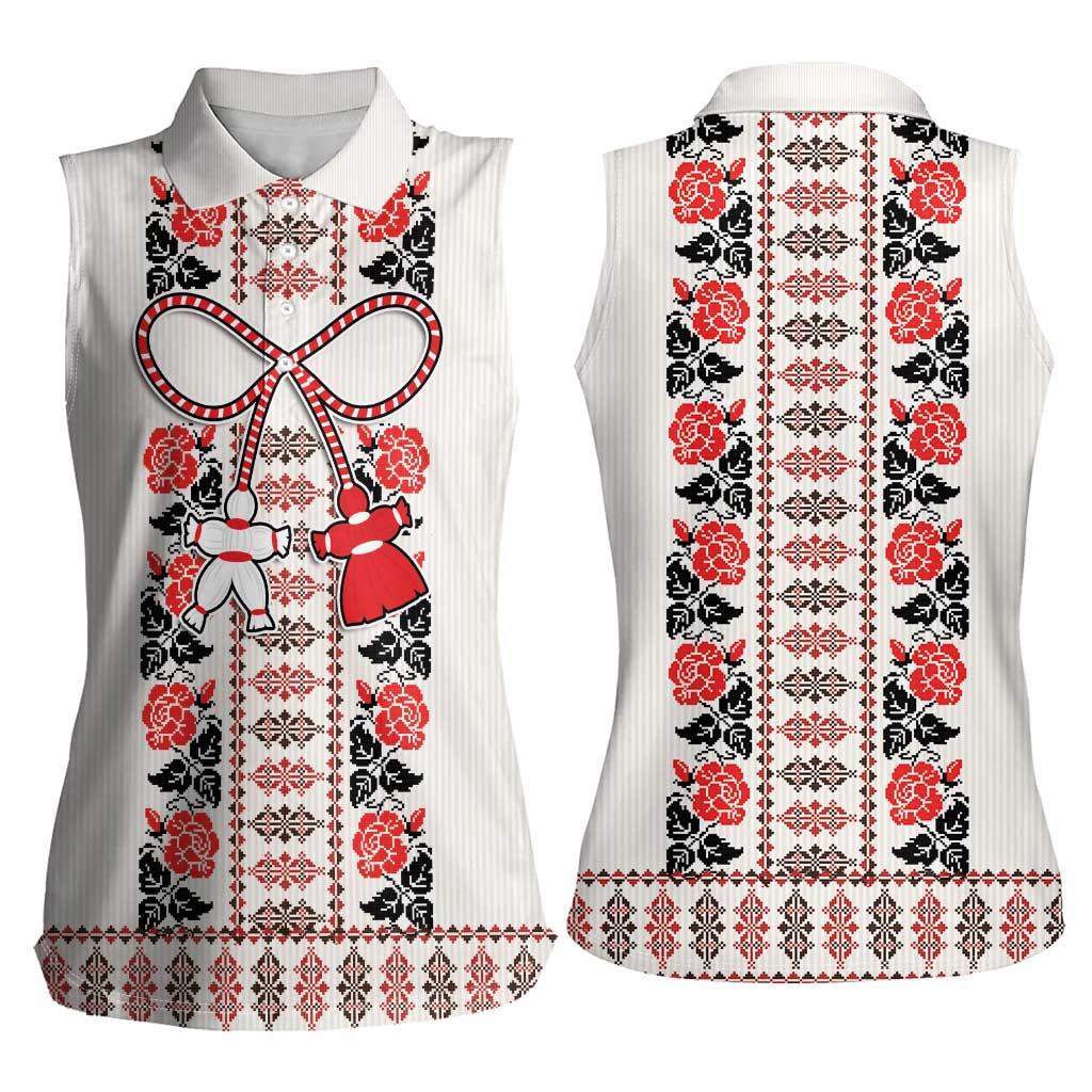Romanian Traditional Pattern with Martenitsa Women Sleeveless Polo Shirt Happy Martisor Day 1 March