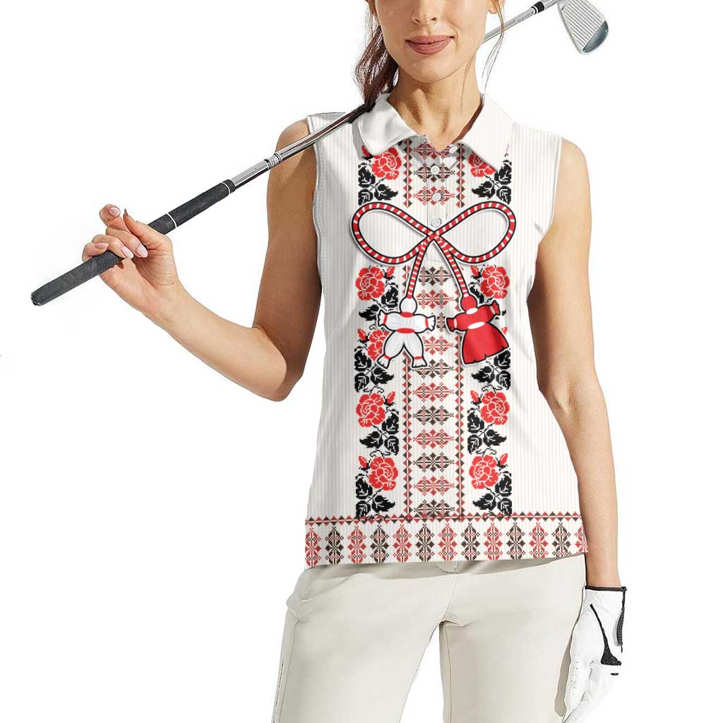 Romanian Traditional Pattern with Martenitsa Women Sleeveless Polo Shirt Happy Martisor Day 1 March
