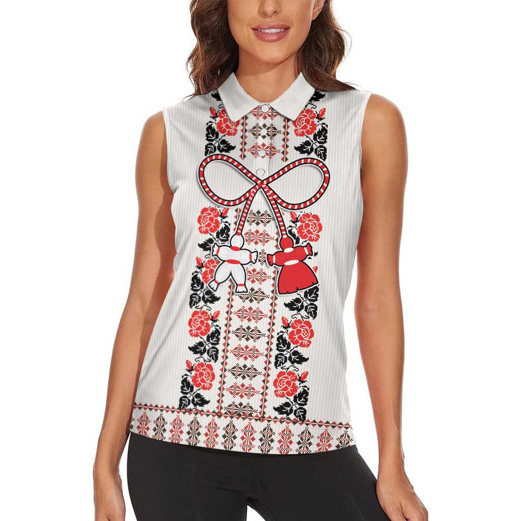 Romanian Traditional Pattern with Martenitsa Women Sleeveless Polo Shirt Happy Martisor Day 1 March