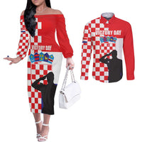 Croatia Victory Day 5 August Couples Matching Off The Shoulder Long Sleeve Dress and Long Sleeve Button Shirt Dan Hrvatskih Branitelja