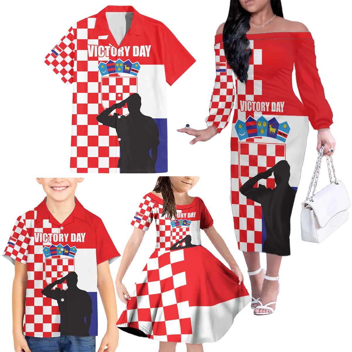 Croatia Victory Day 5 August Family Matching Off The Shoulder Long Sleeve Dress and Hawaiian Shirt Dan Hrvatskih Branitelja