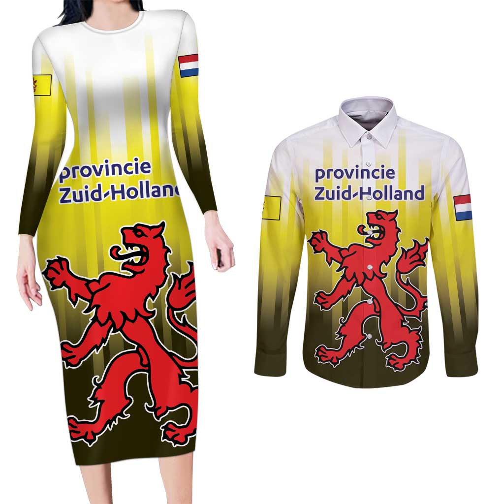 Netherlands Provincie Zuid-Holland Personalized Couples Matching Long Sleeve Bodycon Dress and Long Sleeve Button Shirt Flag Style