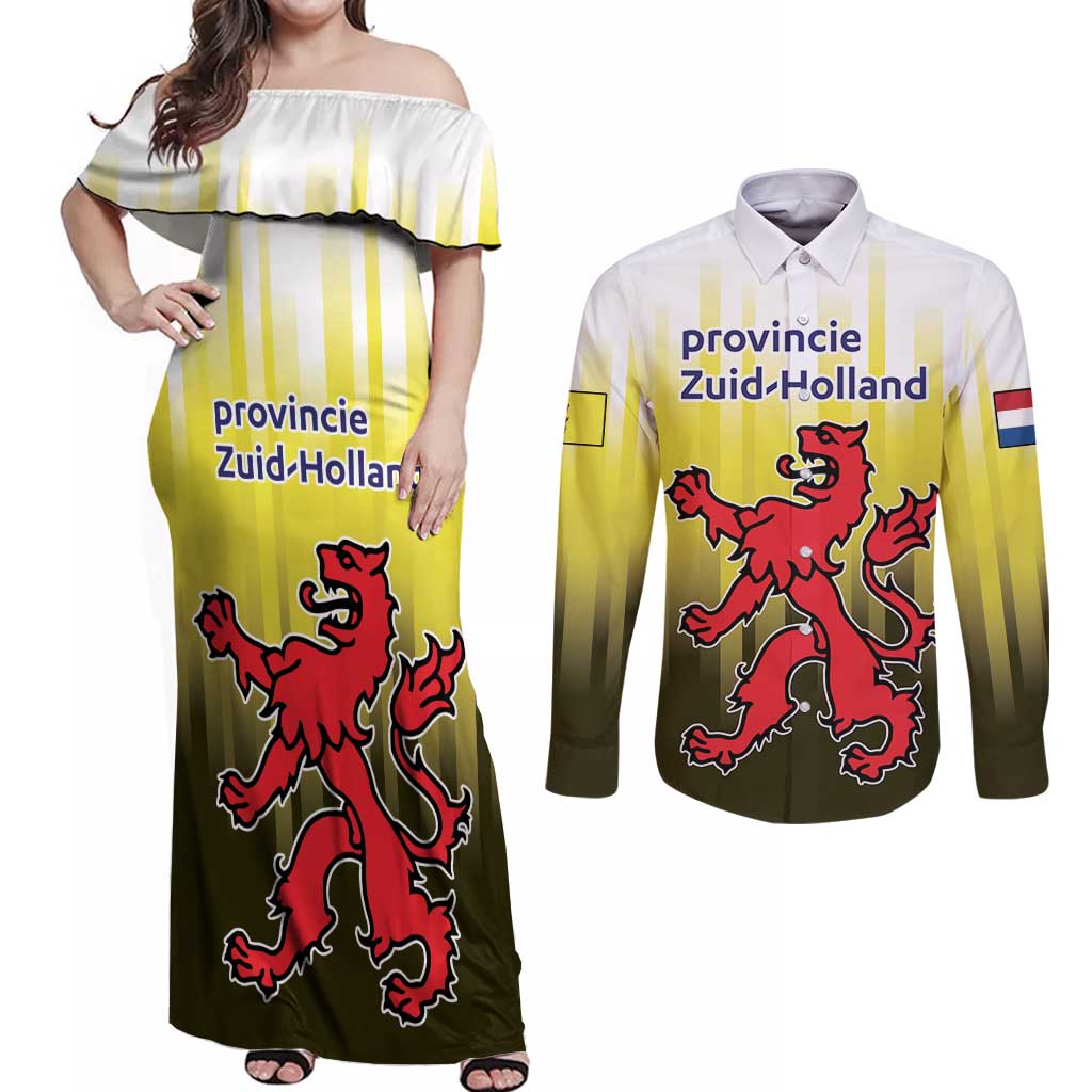 Netherlands Provincie Zuid-Holland Personalized Couples Matching Off Shoulder Maxi Dress and Long Sleeve Button Shirt Flag Style