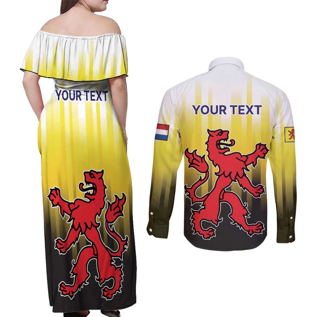 Netherlands Provincie Zuid-Holland Personalized Couples Matching Off Shoulder Maxi Dress and Long Sleeve Button Shirt Flag Style