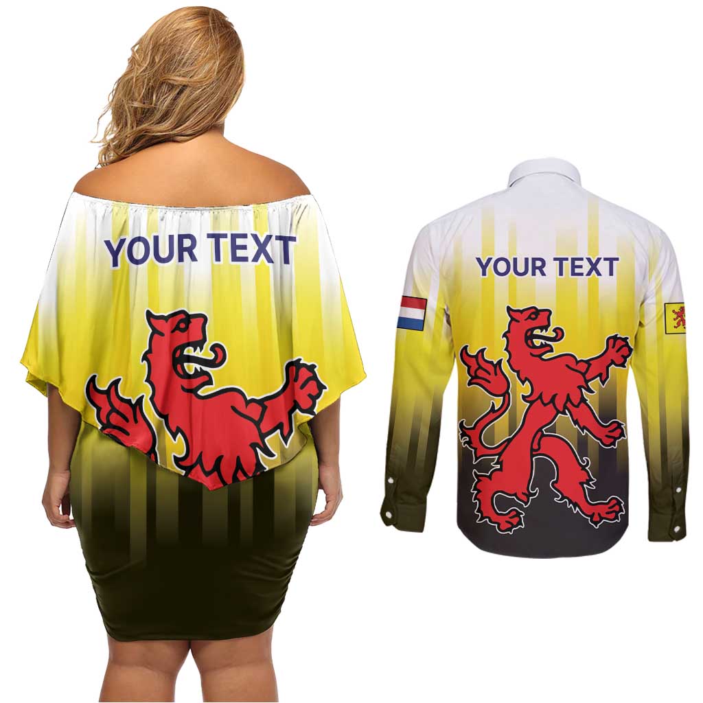 Netherlands Provincie Zuid-Holland Personalized Couples Matching Off Shoulder Short Dress and Long Sleeve Button Shirt Flag Style