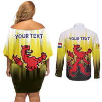 Netherlands Provincie Zuid-Holland Personalized Couples Matching Off Shoulder Short Dress and Long Sleeve Button Shirt Flag Style