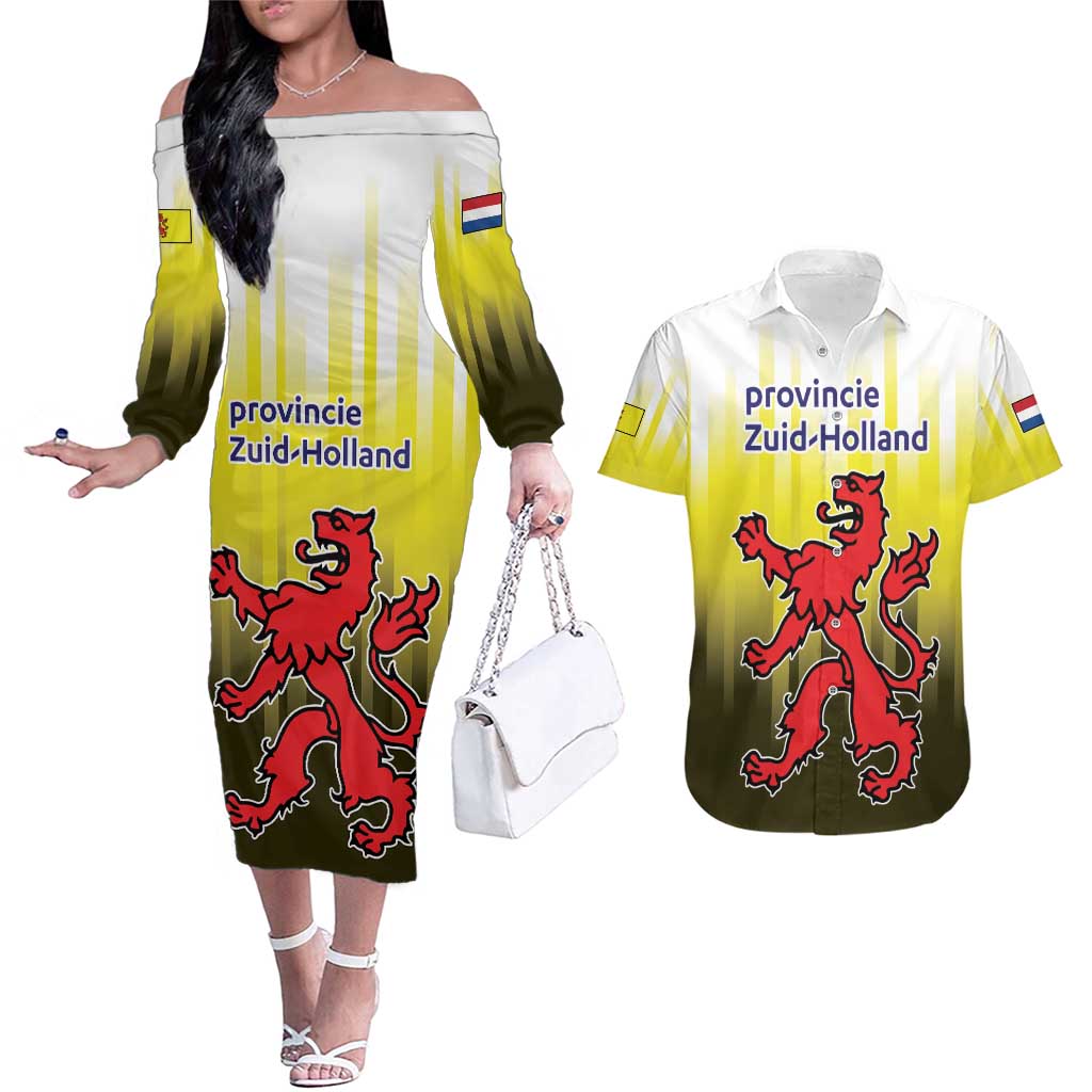 Netherlands Provincie Zuid-Holland Personalized Couples Matching Off The Shoulder Long Sleeve Dress and Hawaiian Shirt Flag Style