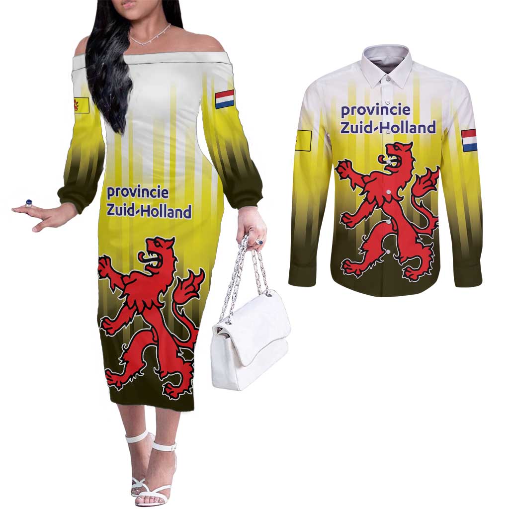 Netherlands Provincie Zuid-Holland Personalized Couples Matching Off The Shoulder Long Sleeve Dress and Long Sleeve Button Shirt Flag Style