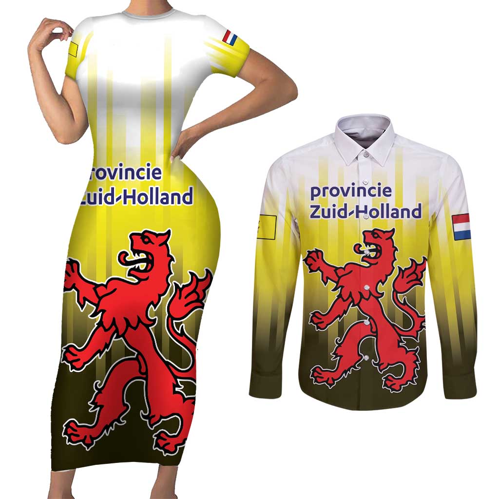 Netherlands Provincie Zuid-Holland Personalized Couples Matching Short Sleeve Bodycon Dress and Long Sleeve Button Shirt Flag Style