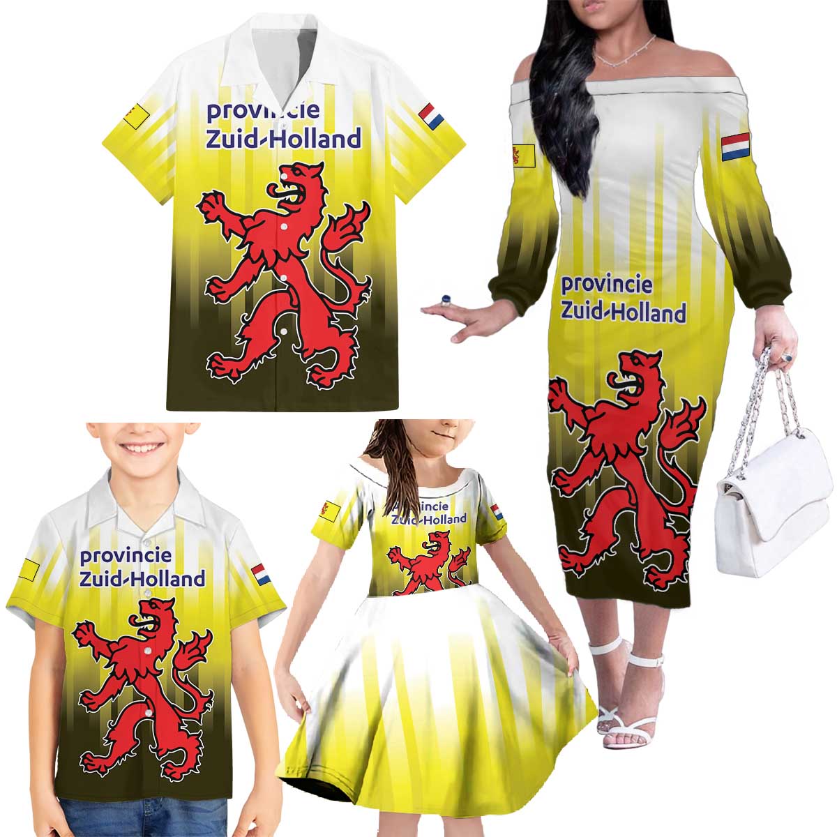 Netherlands Provincie Zuid-Holland Personalized Family Matching Off The Shoulder Long Sleeve Dress and Hawaiian Shirt Flag Style