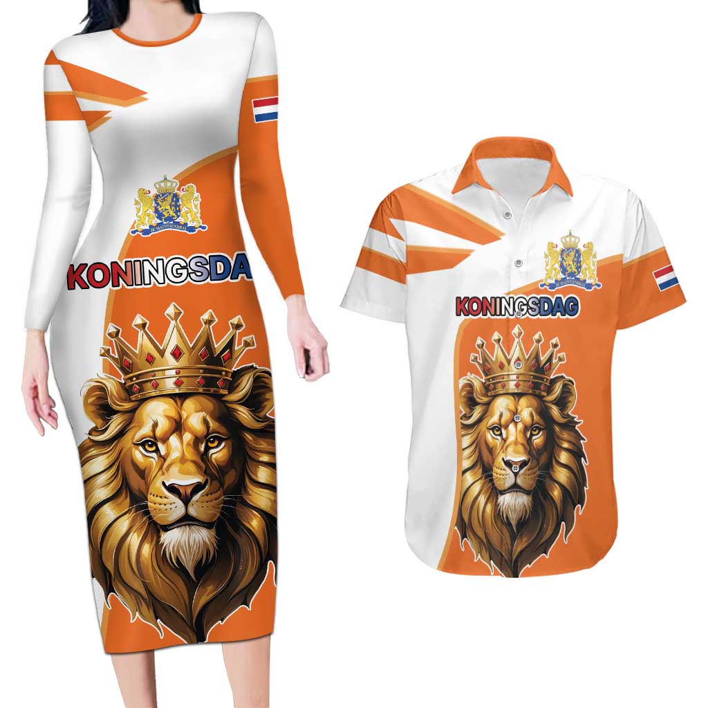 Netherlands Koningsdag Couples Matching Long Sleeve Bodycon Dress and Hawaiian Shirt Happy King's Day
