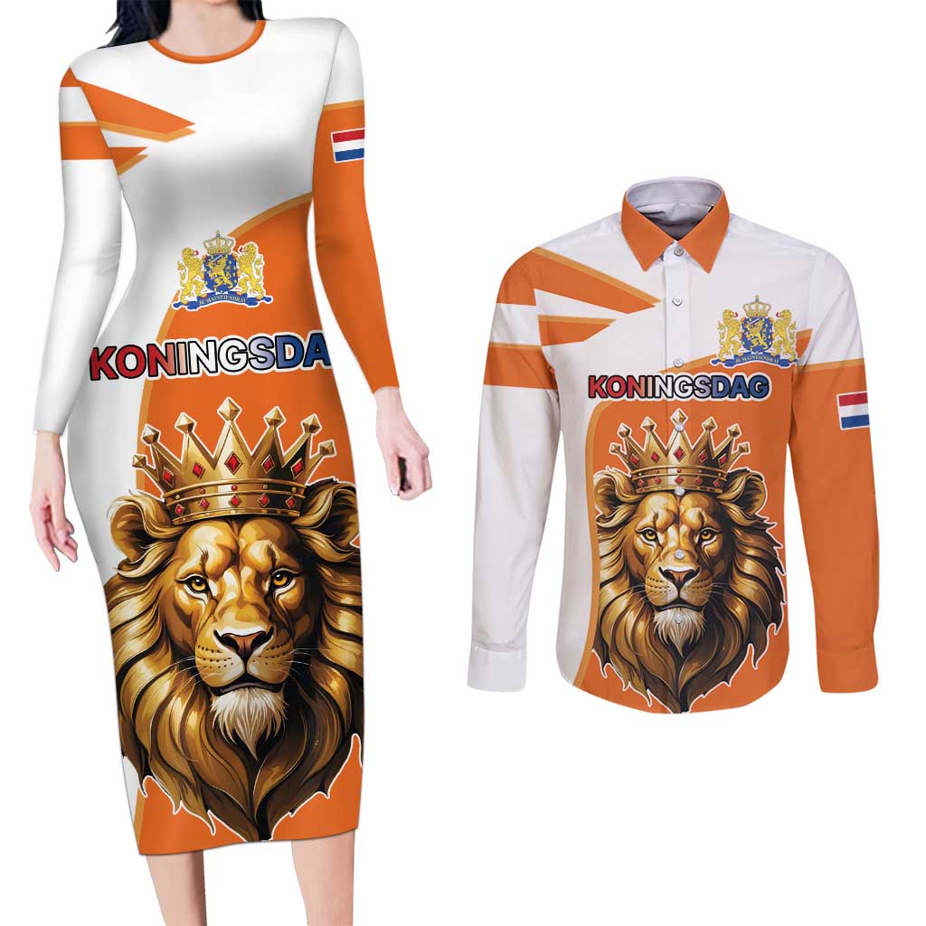Netherlands Koningsdag Couples Matching Long Sleeve Bodycon Dress and Long Sleeve Button Shirt Happy King's Day