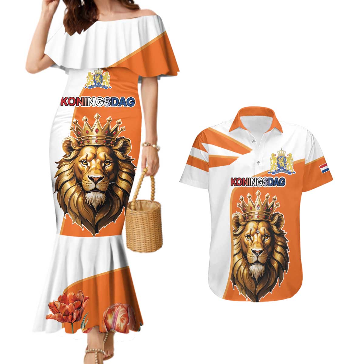 Netherlands Koningsdag Couples Matching Mermaid Dress and Hawaiian Shirt Happy King's Day