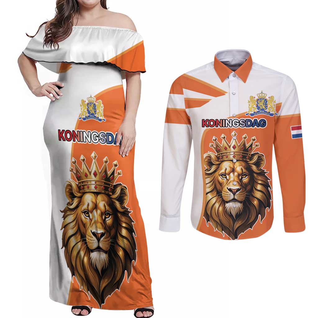 Netherlands Koningsdag Couples Matching Off Shoulder Maxi Dress and Long Sleeve Button Shirt Happy King's Day
