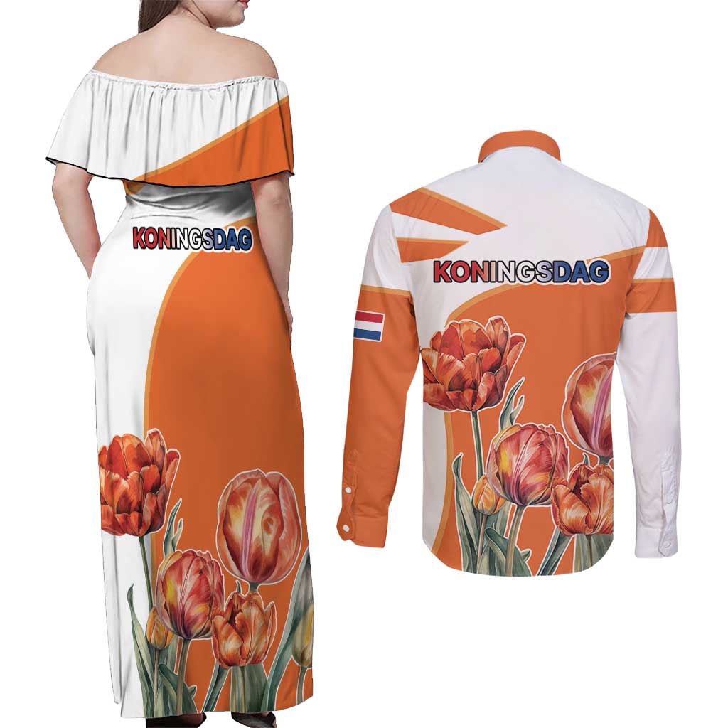 Netherlands Koningsdag Couples Matching Off Shoulder Maxi Dress and Long Sleeve Button Shirt Happy King's Day