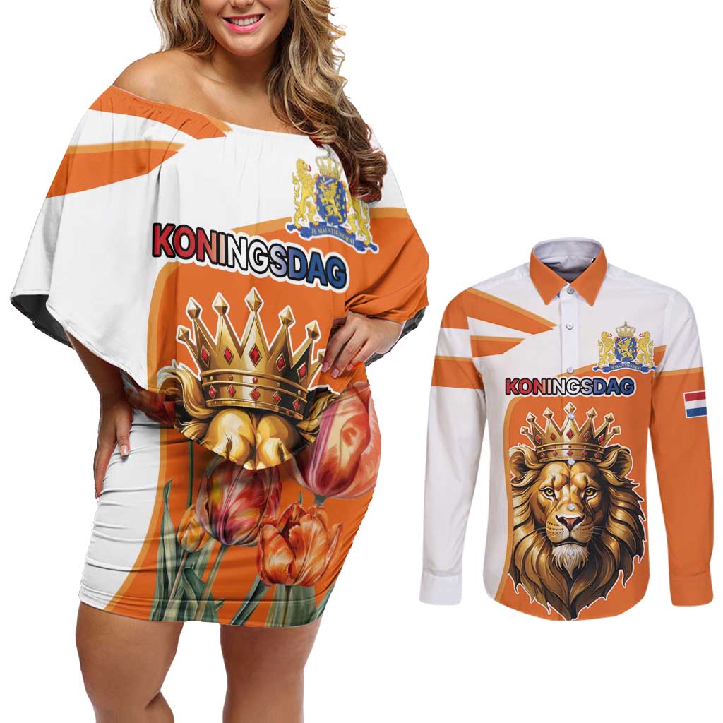 Netherlands Koningsdag Couples Matching Off Shoulder Short Dress and Long Sleeve Button Shirt Happy King's Day