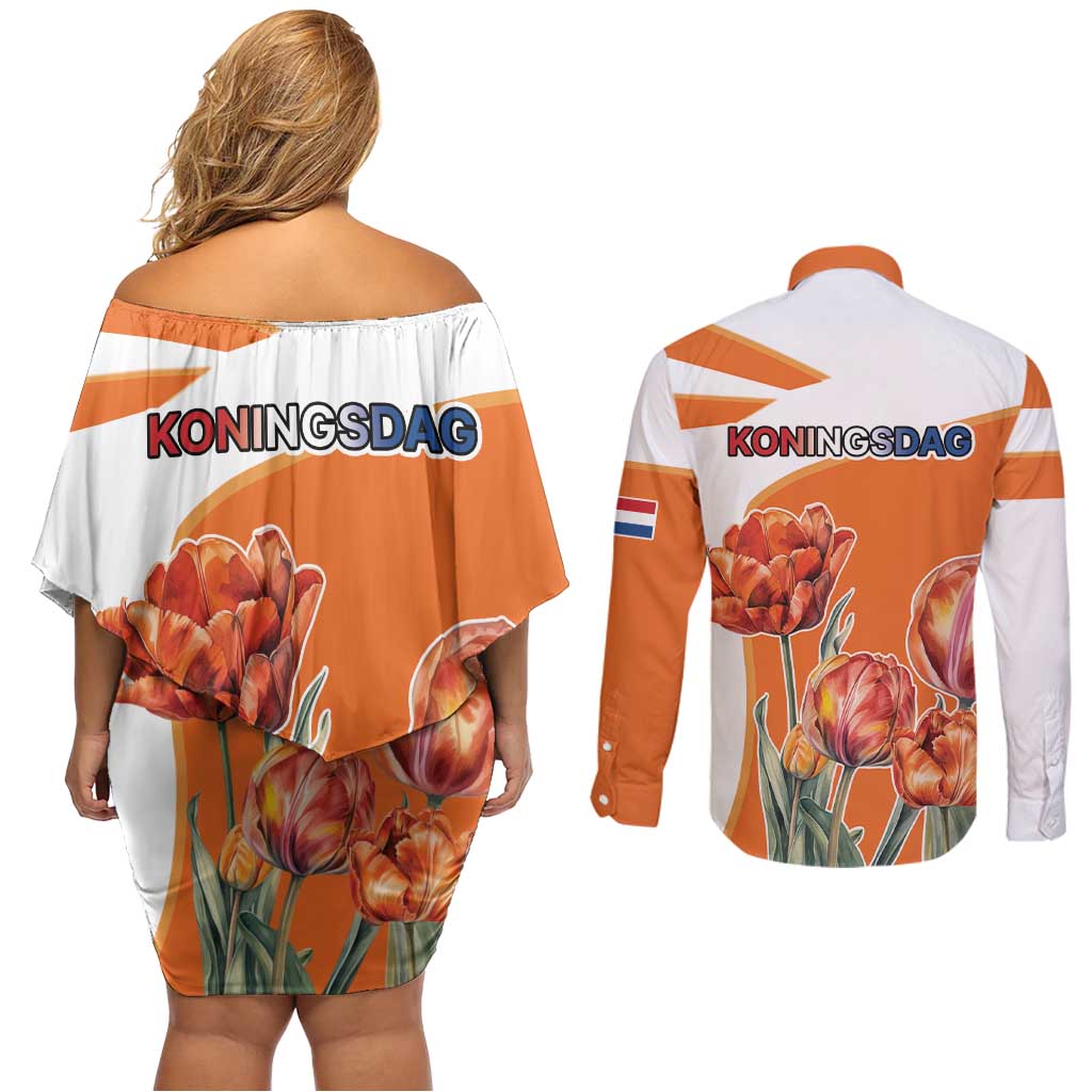 Netherlands Koningsdag Couples Matching Off Shoulder Short Dress and Long Sleeve Button Shirt Happy King's Day