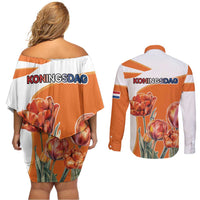 Netherlands Koningsdag Couples Matching Off Shoulder Short Dress and Long Sleeve Button Shirt Happy King's Day