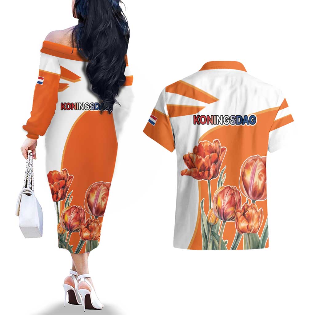 Netherlands Koningsdag Couples Matching Off The Shoulder Long Sleeve Dress and Hawaiian Shirt Happy King's Day