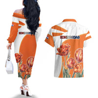 Netherlands Koningsdag Couples Matching Off The Shoulder Long Sleeve Dress and Hawaiian Shirt Happy King's Day