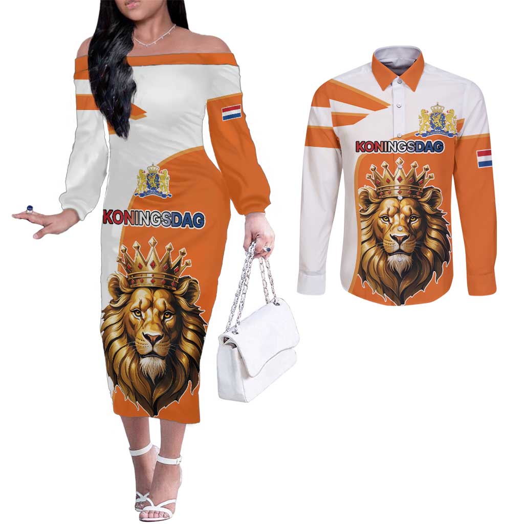Netherlands Koningsdag Couples Matching Off The Shoulder Long Sleeve Dress and Long Sleeve Button Shirt Happy King's Day