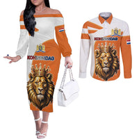 Netherlands Koningsdag Couples Matching Off The Shoulder Long Sleeve Dress and Long Sleeve Button Shirt Happy King's Day