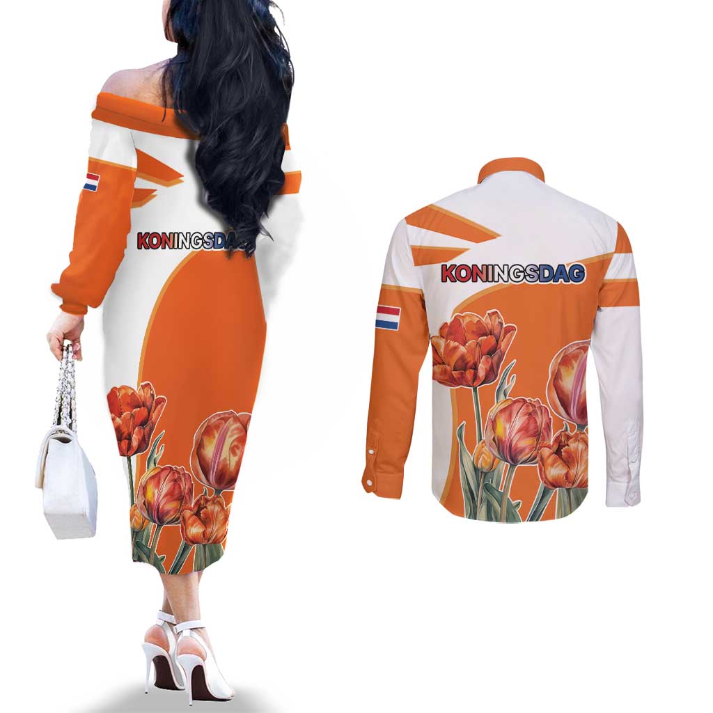 Netherlands Koningsdag Couples Matching Off The Shoulder Long Sleeve Dress and Long Sleeve Button Shirt Happy King's Day