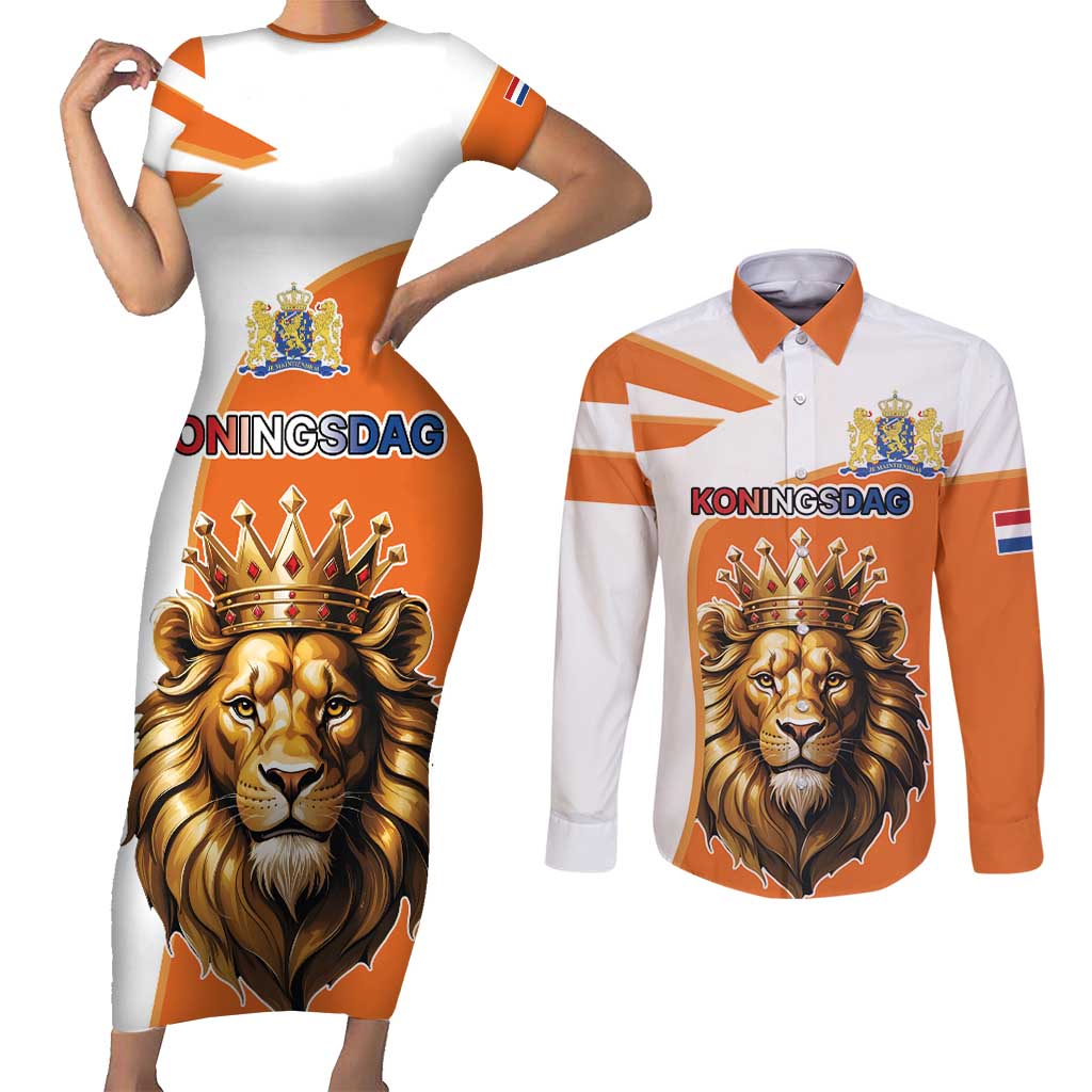 Netherlands Koningsdag Couples Matching Short Sleeve Bodycon Dress and Long Sleeve Button Shirt Happy King's Day