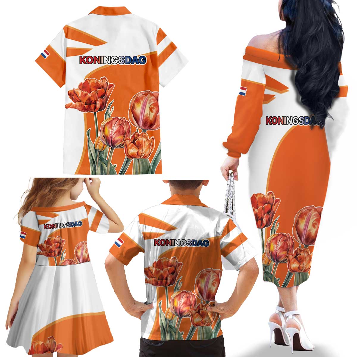 Netherlands Koningsdag Family Matching Off The Shoulder Long Sleeve Dress and Hawaiian Shirt Happy King's Day