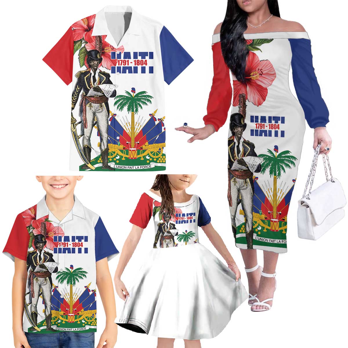 Haitian Revolution 1791-1804 Family Matching Off The Shoulder Long Sleeve Dress and Hawaiian Shirt Lage d Lendependans