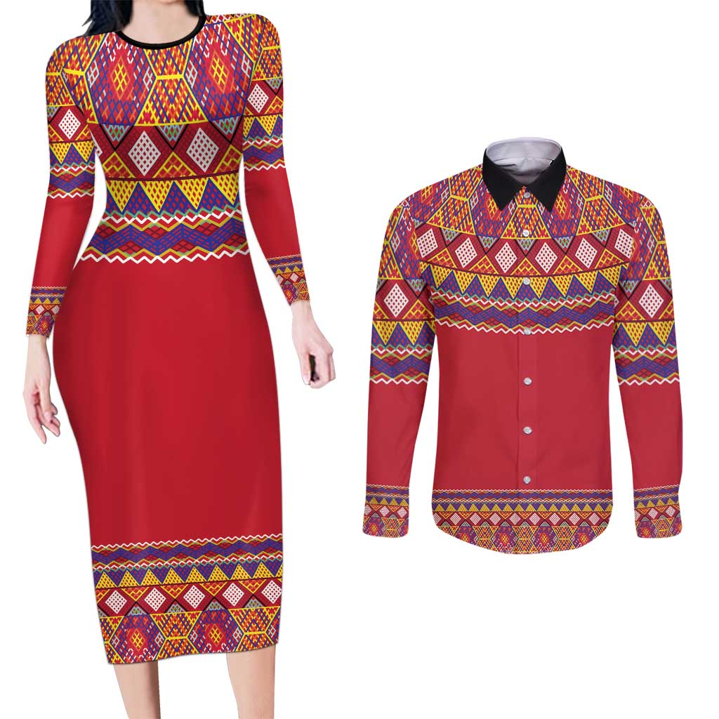 Greenland National Costumes Couples Matching Long Sleeve Bodycon Dress and Long Sleeve Button Shirt Inuit Kalaallisuut style