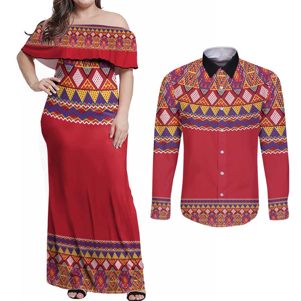 Greenland National Costumes Couples Matching Off Shoulder Maxi Dress and Long Sleeve Button Shirt Inuit Kalaallisuut style