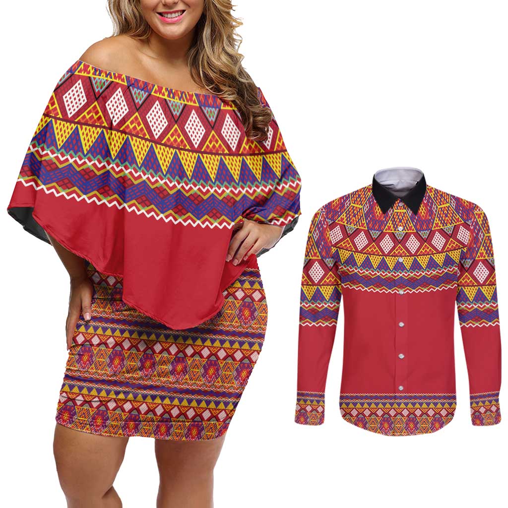 Greenland National Costumes Couples Matching Off Shoulder Short Dress and Long Sleeve Button Shirt Inuit Kalaallisuut style