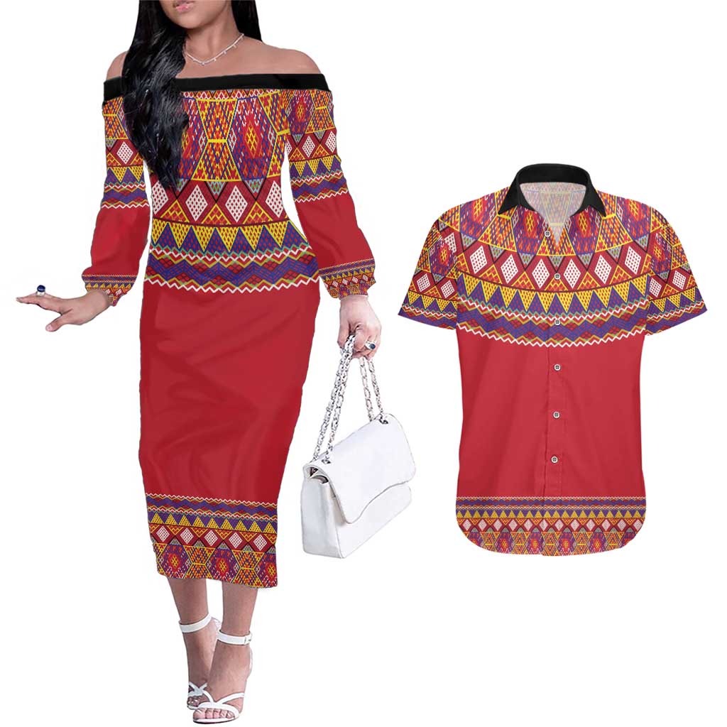 Greenland National Costumes Couples Matching Off The Shoulder Long Sleeve Dress and Hawaiian Shirt Inuit Kalaallisuut style