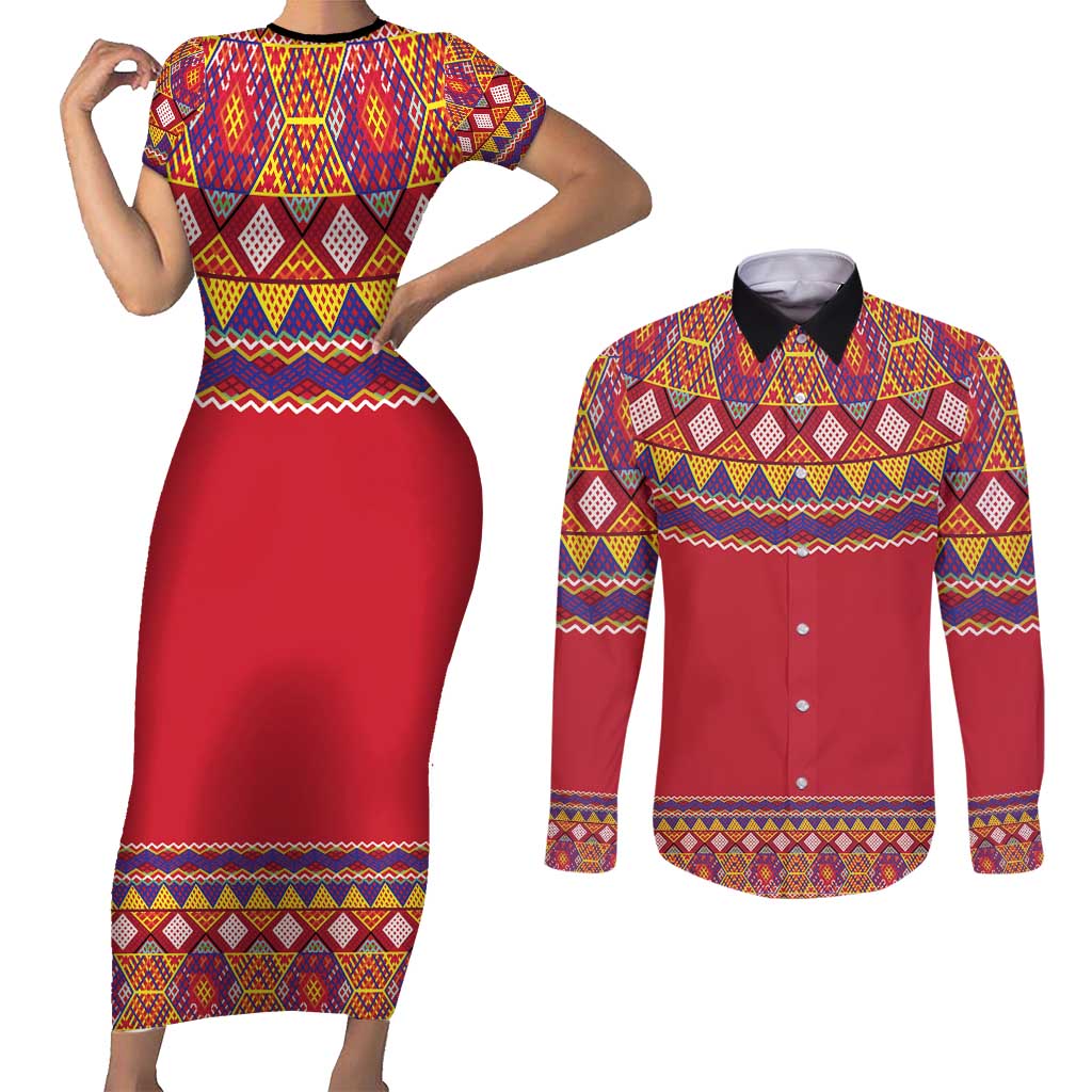 Greenland National Costumes Couples Matching Short Sleeve Bodycon Dress and Long Sleeve Button Shirt Inuit Kalaallisuut style