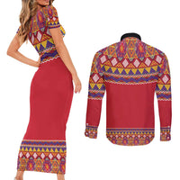 Greenland National Costumes Couples Matching Short Sleeve Bodycon Dress and Long Sleeve Button Shirt Inuit Kalaallisuut style